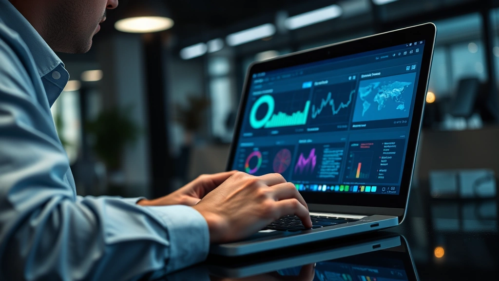 Professional cybersecurity analyst working on laptop with security dashboard displayed, hands typing on keyboard, focused concentration, modern office environment with dark lighting