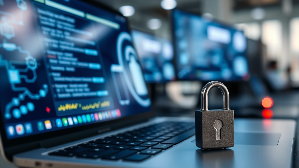 Close-up of laptop showing encrypted lock symbol and security indicator lights, hardware security key positioned nearby, professional workspace setup with multiple monitors blurred background