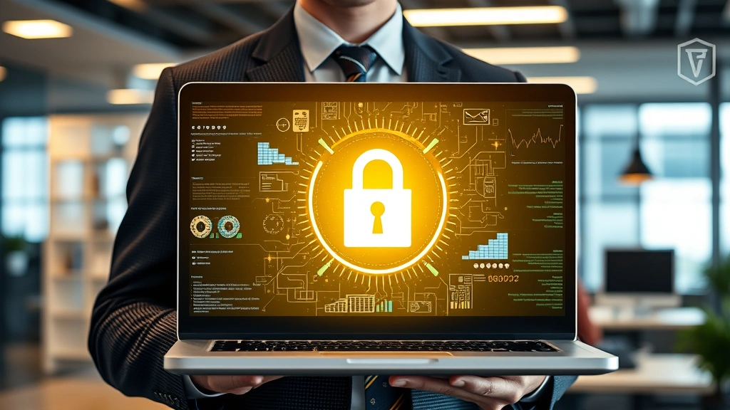 Cybersecurity professional holding laptop with protective encryption symbol glowing, modern tech office environment, confident posture, representing secure portable computing for security professionals