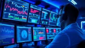 Cybersecurity professional monitoring multiple digital screens displaying network traffic patterns, threat alerts, and security dashboards in a modern security operations center with blue ambient lighting