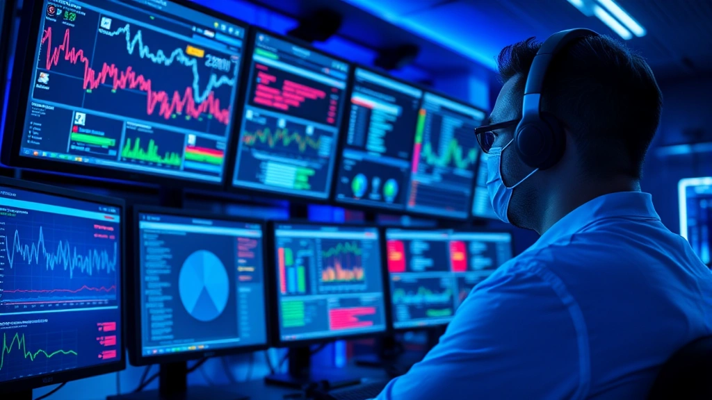 Cybersecurity professional monitoring multiple digital screens displaying network traffic patterns, threat alerts, and security dashboards in a modern security operations center with blue ambient lighting