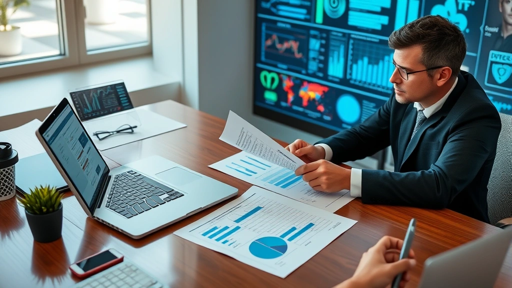 Business executive reviewing cybersecurity risk assessment documents and compliance reports at desk with laptop showing security metrics and threat intelligence data visualizations