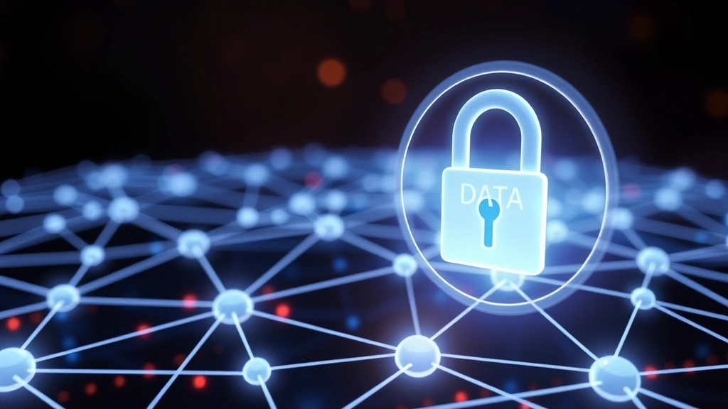 Digital padlock icon overlaid on interconnected network nodes representing data protection, encryption, and secure connections across cloud infrastructure with flowing data streams