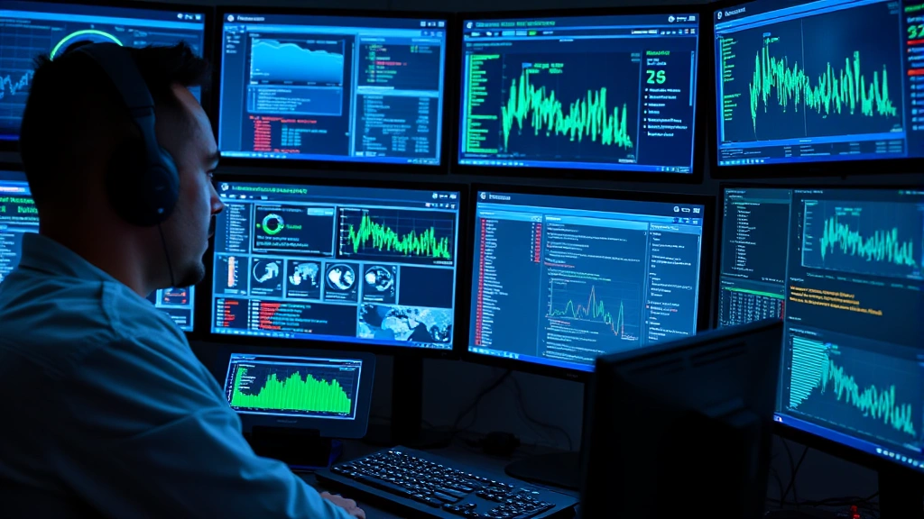 Cybersecurity analyst monitoring multiple screens displaying network traffic, threat dashboards, and security alerts in a modern SOC environment with blue and green data visualizations, professional lighting, focused concentration