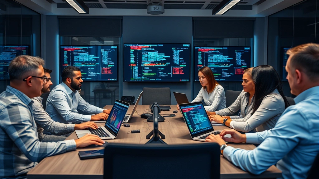 Team of IT security professionals conducting incident response meeting around conference table with laptops and security monitoring displays visible, collaborative discussion, serious professional atmosphere, office setting