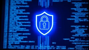 Digital security shield protecting data on computer screen with blue light effects, cybersecurity concept, no text or code visible