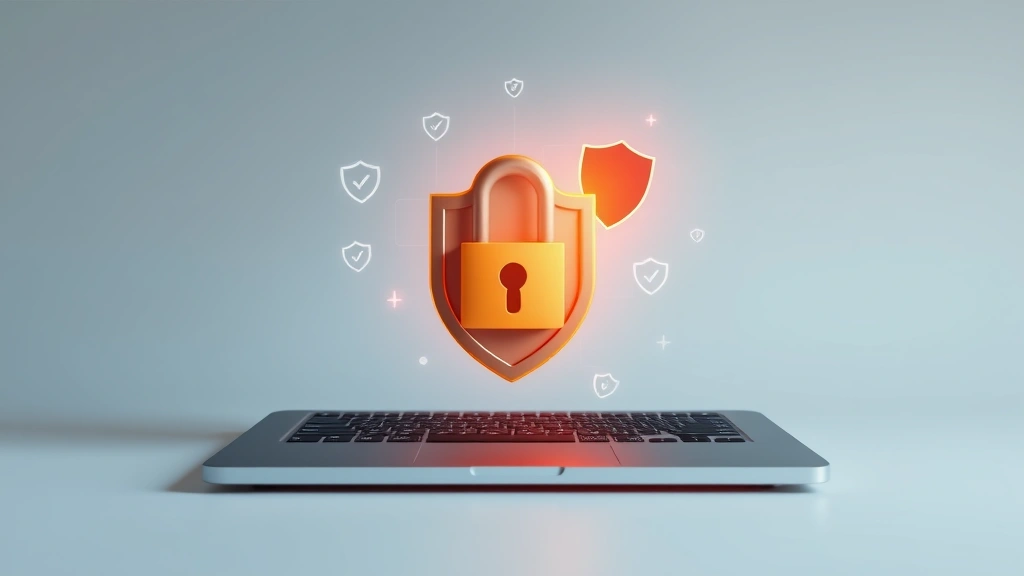 Laptop with padlock and shield icons floating above keyboard, representing digital protection and antivirus defense, clean minimalist design