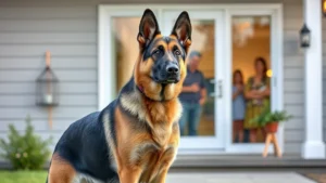 German Shepherd standing alert in front of a modern home with family visible through window in background, professional security posture, daylight, photorealistic, no text