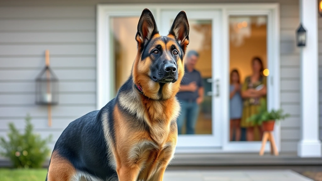 German Shepherd standing alert in front of a modern home with family visible through window in background, professional security posture, daylight, photorealistic, no text