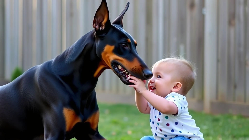 Doberman Pinscher and young child playing together in secure backyard with fencing, demonstrating gentle interaction and family bond, natural lighting, no text