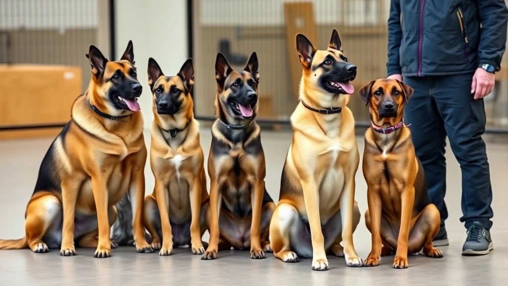 Multiple guard dog breeds sitting attentively during professional training session with handler, showing obedience and focus, indoor training facility setting, no text