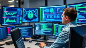 Professional cybersecurity analyst monitoring multiple screens displaying network traffic patterns and security alerts in a modern SOC (Security Operations Center), blue and green digital interface elements, focused concentration, modern office environment
