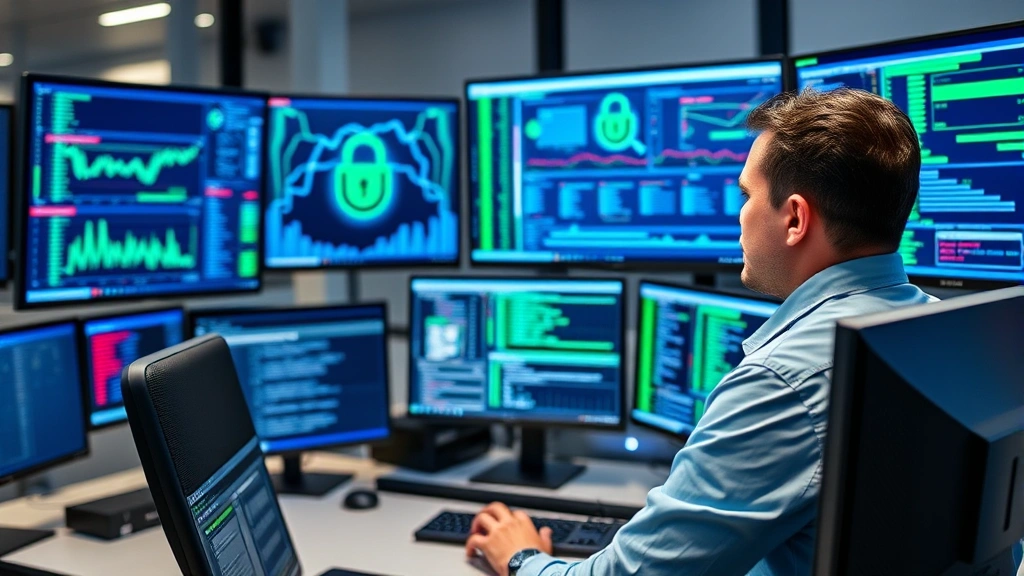 Professional cybersecurity analyst monitoring multiple screens displaying network traffic patterns and security alerts in a modern SOC (Security Operations Center), blue and green digital interface elements, focused concentration, modern office environment
