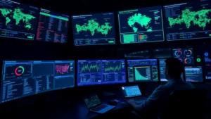 Professional security operations center with multiple monitors displaying network traffic visualizations and threat dashboards, cybersecurity analysts monitoring systems, dark modern control room environment with blue and green glowing displays