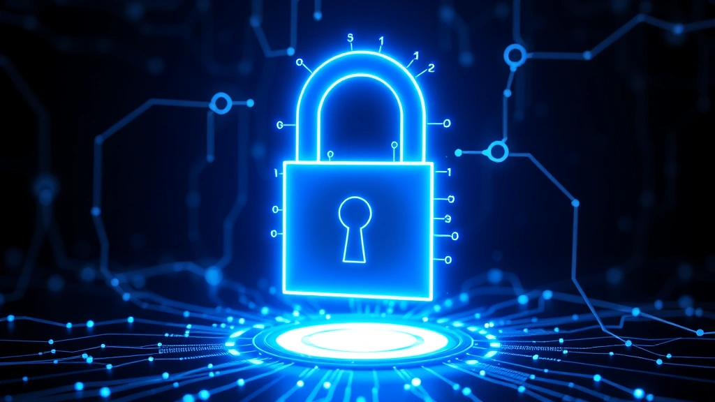 Digital padlock symbol with glowing blue light surrounded by flowing data streams and network nodes, representing encryption and data protection, dark background with technological elements, photorealistic 3D visualization