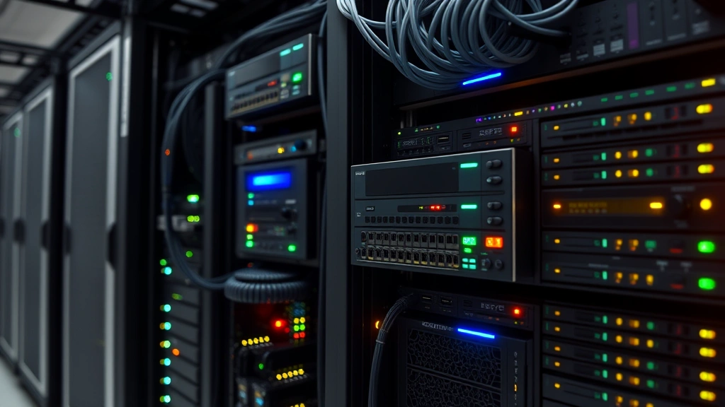 Advanced firewall and network security equipment in a data center, fiber optic cables, server racks with blinking status lights, cybersecurity infrastructure components, professional technical environment