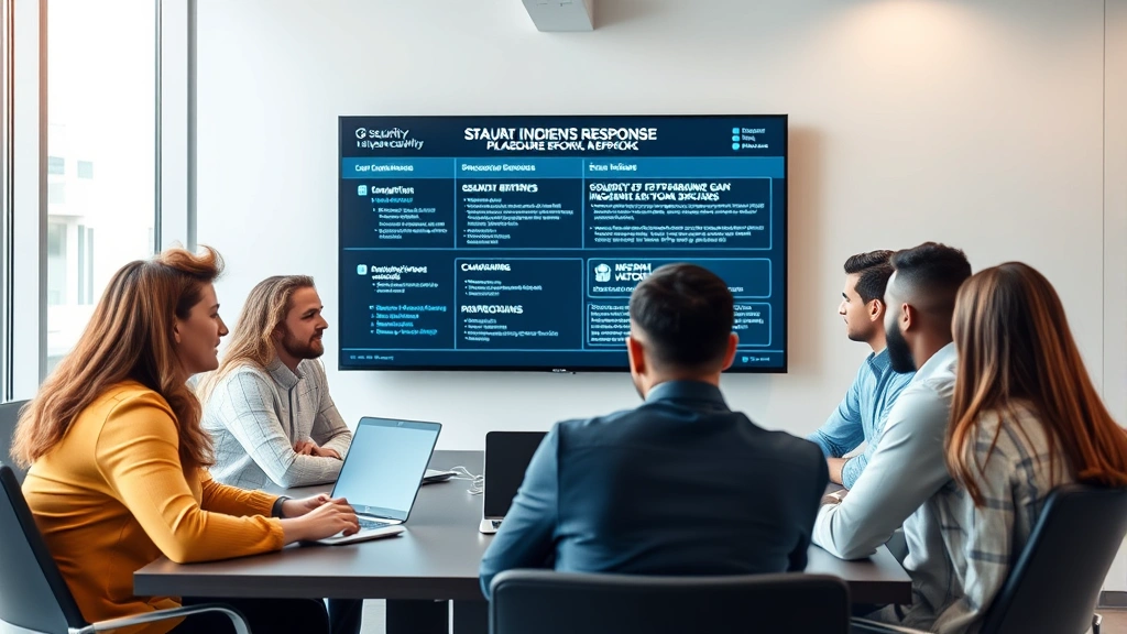 Team of diverse cybersecurity professionals in conference room reviewing security incident response procedures on a large display screen, collaborative atmosphere, modern corporate setting, focused on strategic defense planning