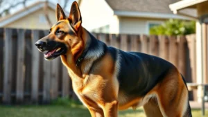 Professional German Shepherd standing alert in residential backyard, muscular build, attentive expression, suburban home background with fence, daylight, photorealistic, protective dog stance