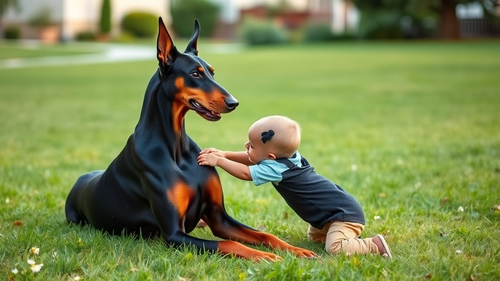 Doberman Pinscher and young child playing safely in grass, dog gentle and controlled, supervised interaction, family bonding moment, natural lighting, suburban setting, photorealistic canine behavior
