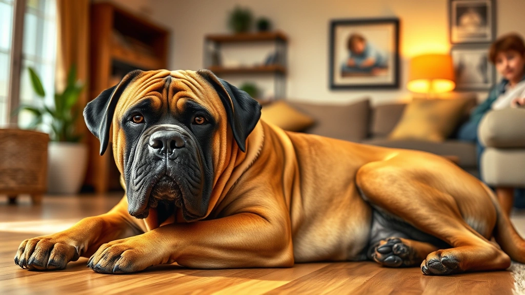 Large Bullmastiff lying calmly indoors near family living room, alert posture, home interior background, demonstrating calm protection instinct, warm lighting, family pet environment, photorealistic