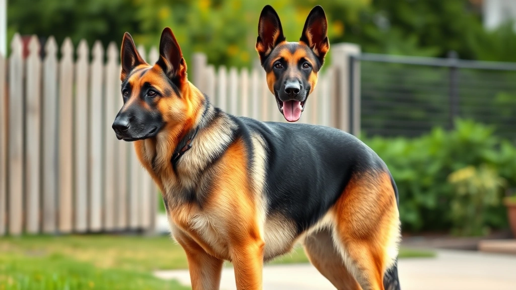 German Shepherd standing alert in professional stance, muscular build, attentive expression, outdoor residential setting with fence visible, natural daylight, photorealistic