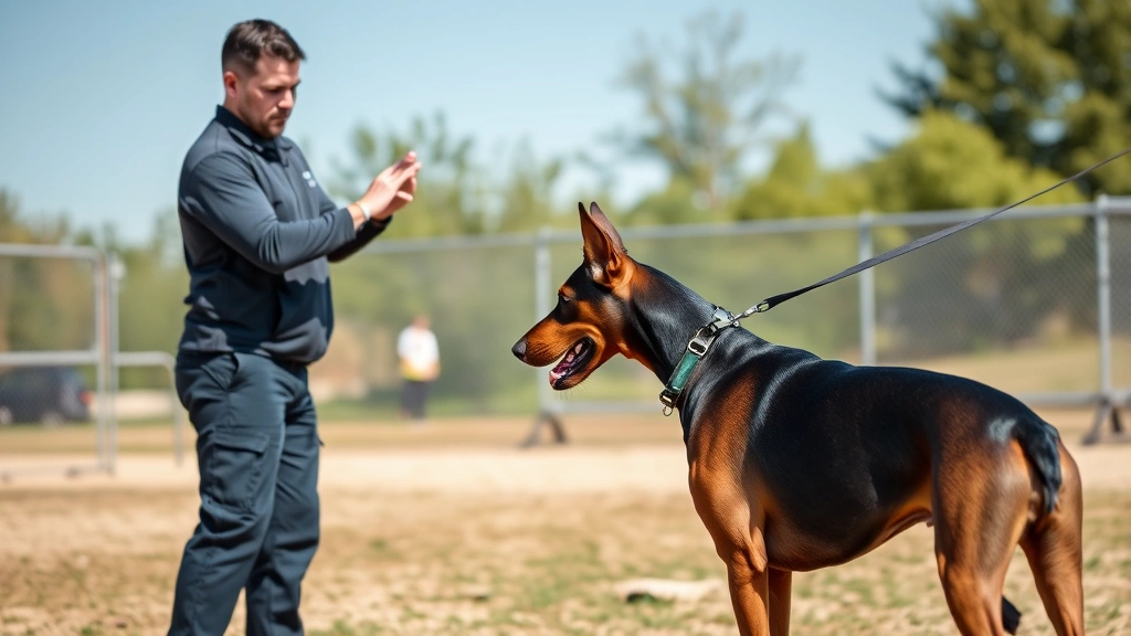Professional dog trainer with Doberman Pinscher during structured training session, focus on handler-dog communication and body language, outdoor training facility, clear daylight