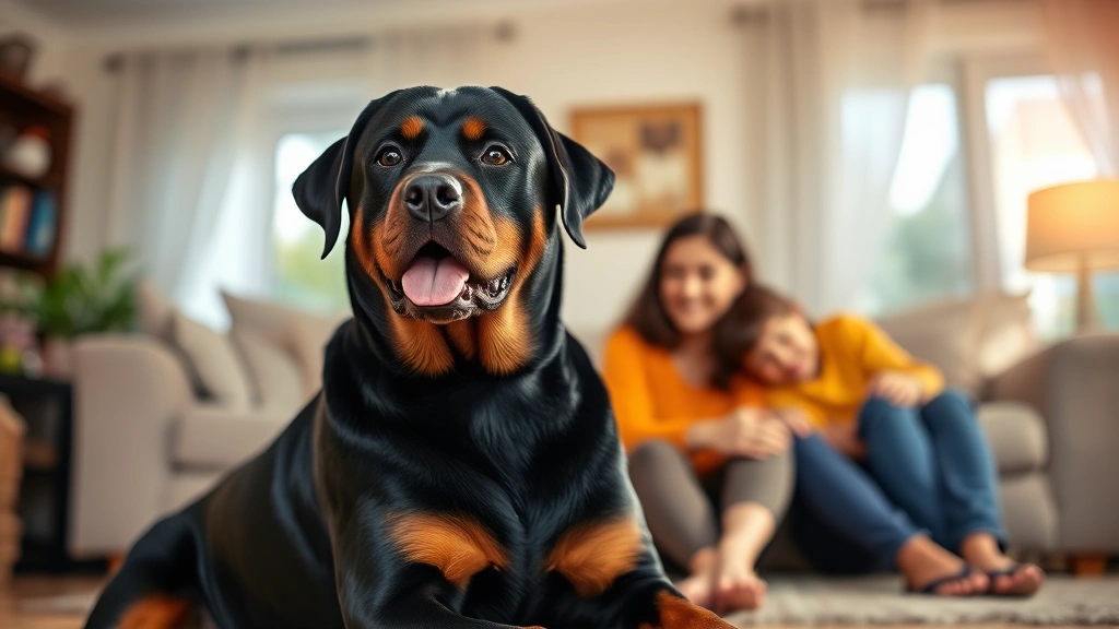 Rottweiler sitting calmly with family in living room background, calm demeanor, household environment, warm indoor lighting, demonstrating family-friendly protection dog temperament