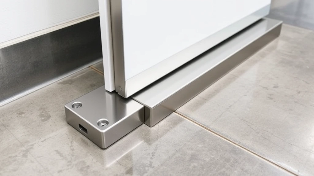 Heavy-duty stainless steel floor-mounted door stopper installed on polished concrete floor, showing detailed construction and load-bearing design, professional industrial security setting