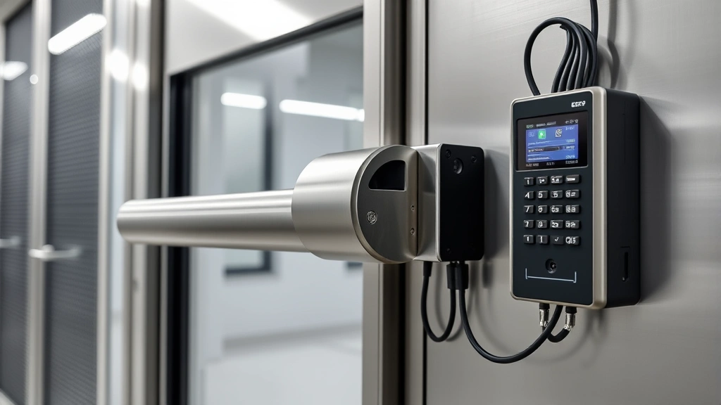 Electromagnetic door stopper mechanism integrated with access control panel, displaying electronic components and wiring, modern secure facility environment