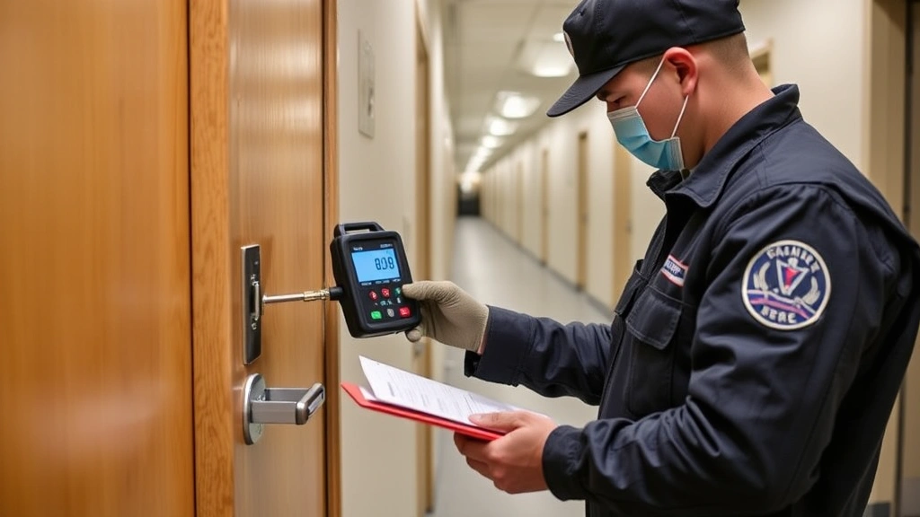 Security professional conducting load-testing inspection of door stopper installation, using pressure gauge equipment, documenting maintenance in secure facility hallway