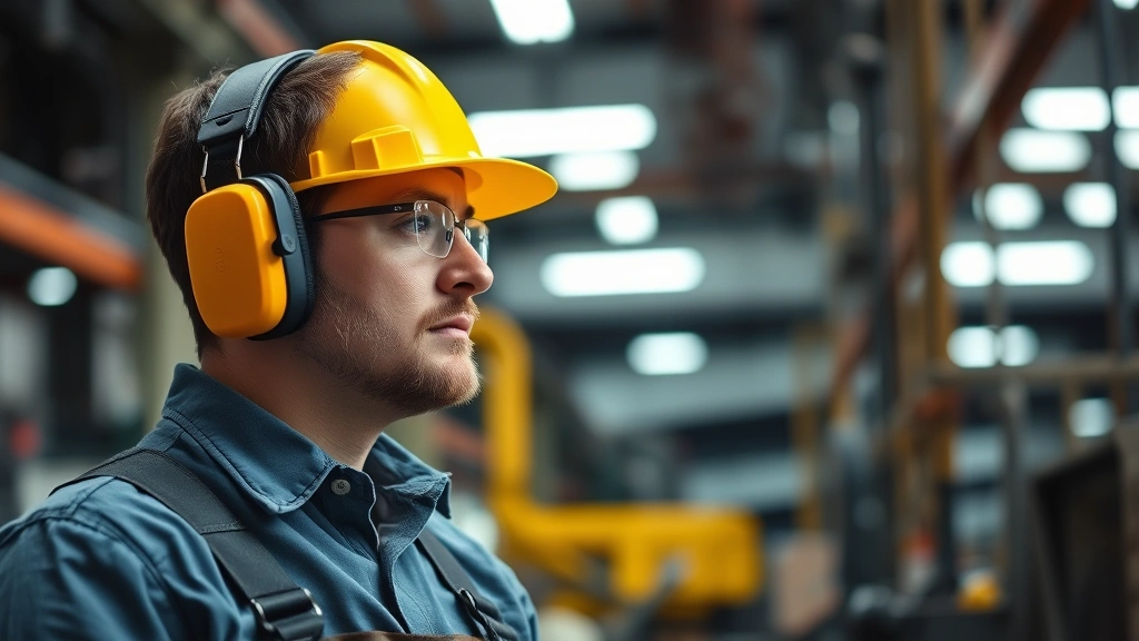 Professional worker wearing safety earmuffs in industrial machinery factory setting with bright overhead lighting, focused on protective equipment comfort and fit
