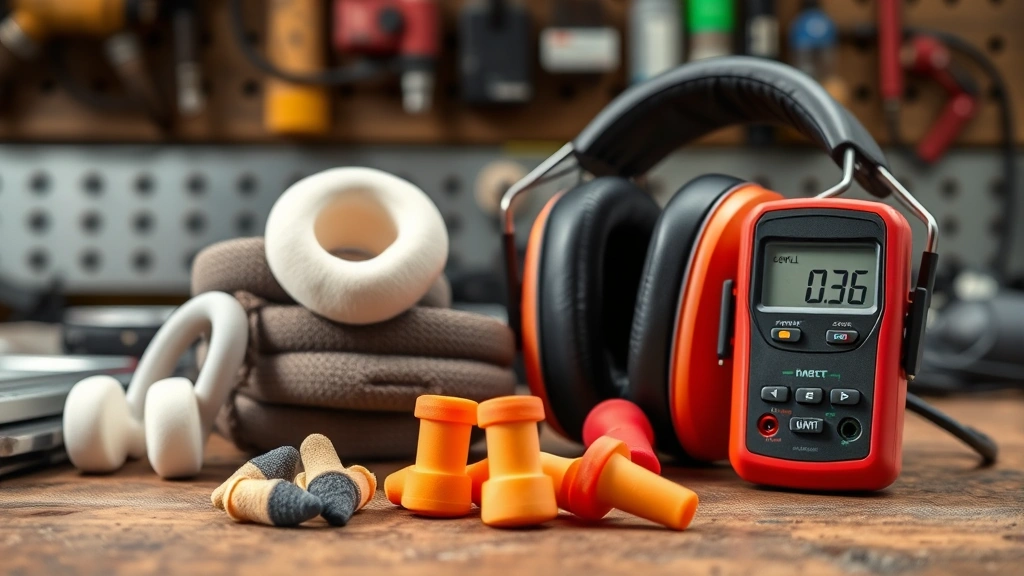 Close-up of various foam earplugs and earmuff protection devices displayed on industrial workbench with noise level meter showing decibel readings