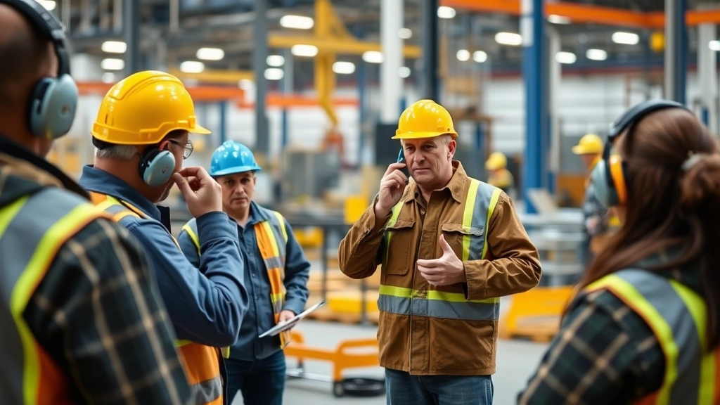 Occupational safety officer conducting hearing protection training session with workers in manufacturing plant, demonstrating proper earplug insertion techniques