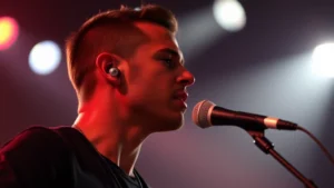 Professional musician wearing custom in-ear monitors during live stage performance, focused expression, dramatic stage lighting, no visible text or logos