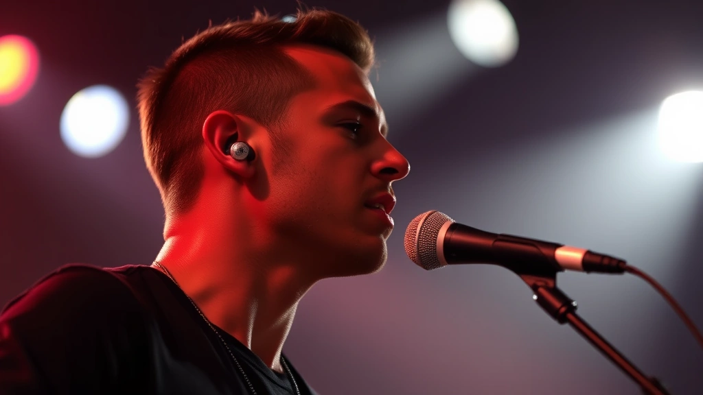 Professional musician wearing custom in-ear monitors during live stage performance, focused expression, dramatic stage lighting, no visible text or logos