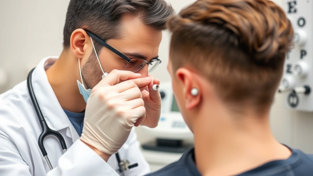 Audiologist fitting custom musician earplugs in patient's ear, clinical setting with hearing test equipment visible in background, professional healthcare environment