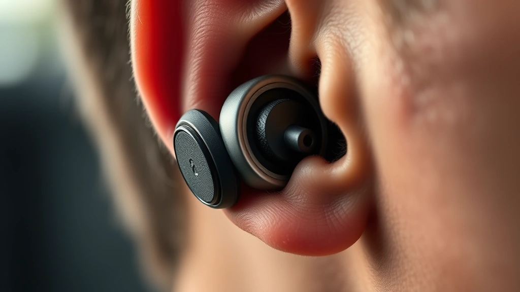 Close-up of musician's ear with high-quality protective earpiece inserted, natural lighting showing proper fit and comfort, no technical displays or text visible
