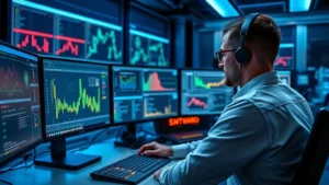 Professional security analyst monitoring multiple computer screens displaying real-time network traffic analysis and threat detection dashboards in a modern cybersecurity operations center with blue ambient lighting and advanced monitoring equipment