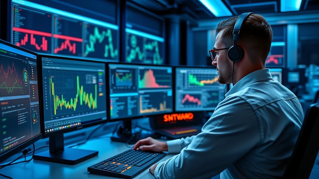 Professional security analyst monitoring multiple computer screens displaying real-time network traffic analysis and threat detection dashboards in a modern cybersecurity operations center with blue ambient lighting and advanced monitoring equipment