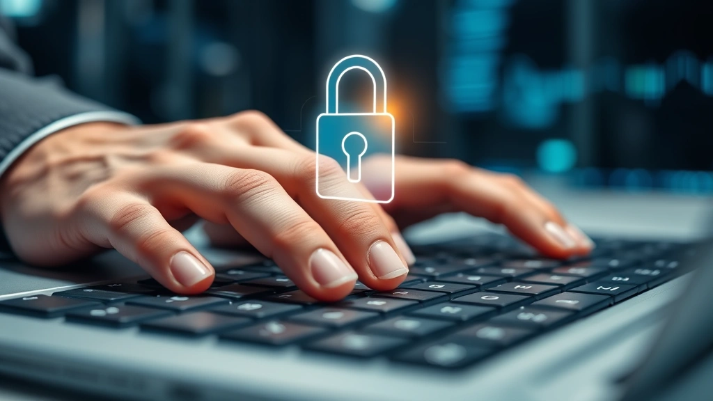 Close-up of hands typing on a keyboard with a padlock hologram floating above, representing secure data protection and encryption in a modern office environment with soft blue technology lighting