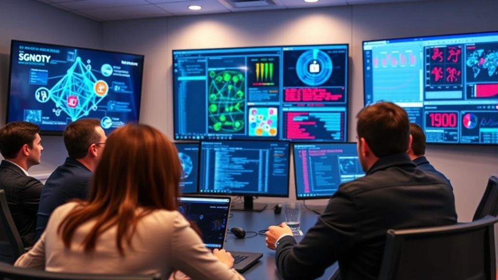 Team of cybersecurity professionals in a conference room reviewing security incident reports on large displays, with network diagrams and threat intelligence visualizations visible on screens behind them