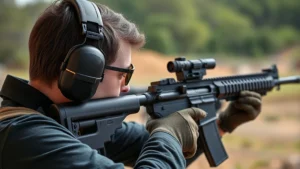 Professional shooter wearing electronic hearing protection earmuffs at outdoor tactical range with rifles, demonstrating proper fit and positioning for active hearing protection during firearms training