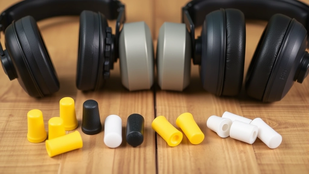 Close-up comparison display of foam earplugs and passive earmuffs arranged on wooden surface showing different ear protection styles and materials used for shooting range hearing protection