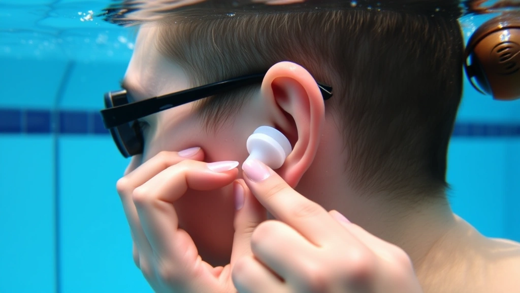 Person fitting silicone swimming earplug into ear canal with proper insertion technique, demonstrating correct placement method underwater