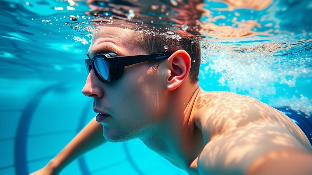 Swimmer underwater wearing properly fitted earplugs during lap swimming, showing secure seal and comfort during active water sports activity