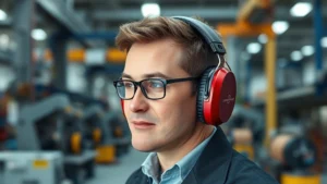 Professional wearing industrial ear protection muffs in bright manufacturing facility with machinery background, focused on muff comfort and proper fit positioning
