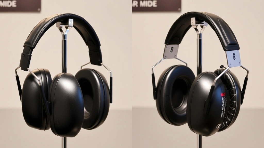 Side-by-side comparison of different ear muff styles on display stand, showing passive and electronic models with visible headband and ear cup construction details