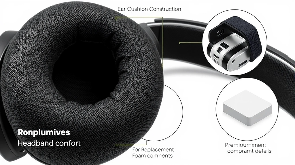 Close-up of ear cushion material and headband padding showing premium foam construction, comfort features, and replacement component details for maintenance purposes