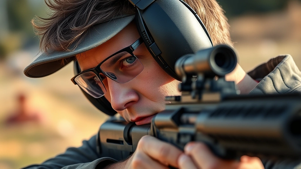 Close-up of professional shooter wearing electronic earmuffs at outdoor range with firearms visible, focused on ear protection technology and comfortable fit design