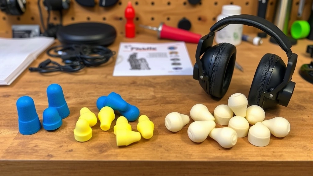 Side-by-side comparison showing passive foam earplugs and electronic earmuffs on shooting range workbench with hearing protection accessories and maintenance items